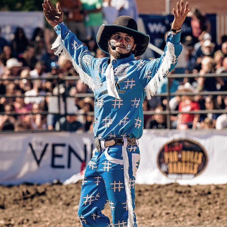 Rodeo Clown wearing rodeo belt buckle 